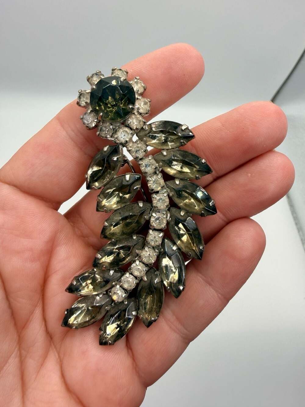 Vintage Leaf Rhinestone Brooch Green Gray Navette